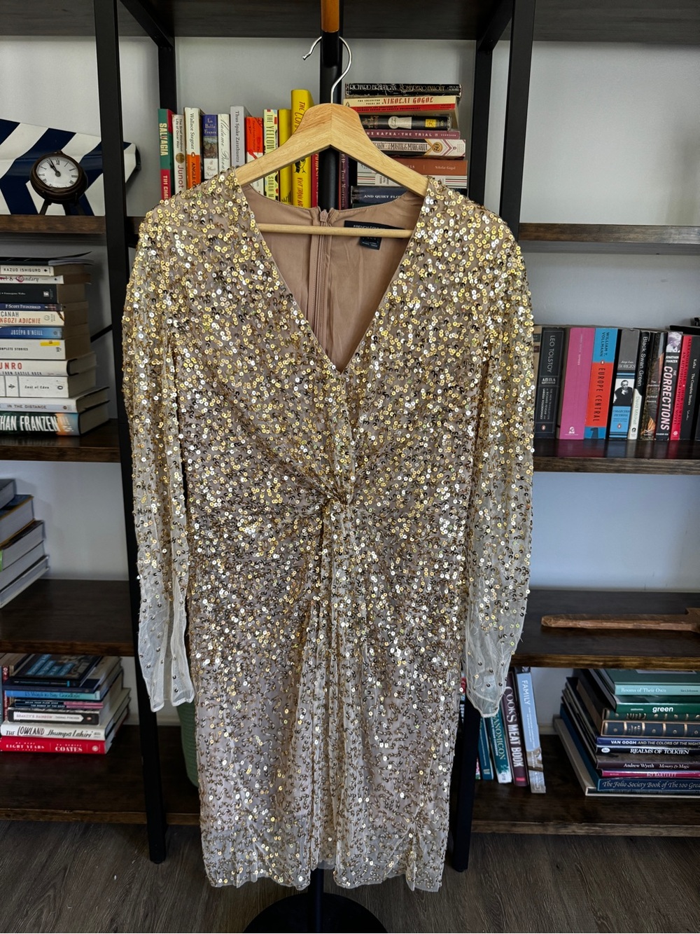 French Connection • Sequin Twist-Front V-Neck Dress in Gold